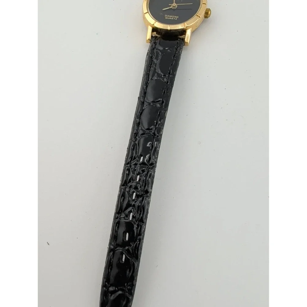 Classic GenuineDiamond Accent Gold Women's Quartz Watch Black Band- New Battery!